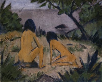 Sitting and Kneeling Figures on the Bank of the Moritzburg Lakes by Otto Mueller